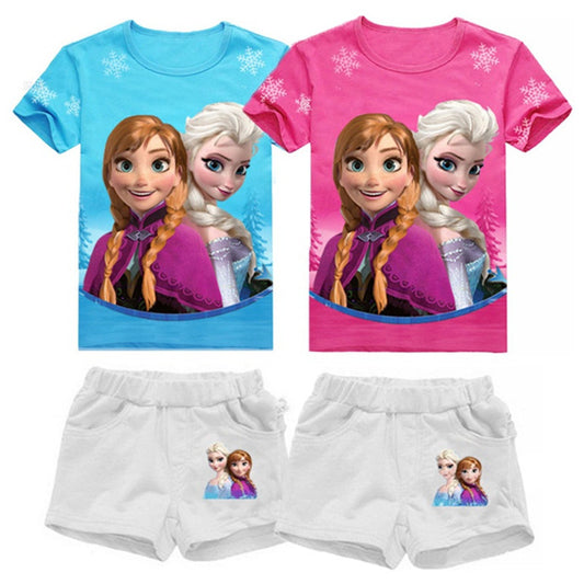 Girls Elsa Princess Anne Clothing T Shirt Summer 2Pcs Cartoon Short-sleeved T-shirt + Shorts Suit Kids Cotton Clothing 3 to 7 Yr