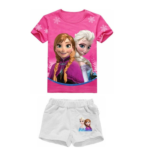 Girls Elsa Princess Anne Clothing T Shirt Summer 2Pcs Cartoon Short-sleeved T-shirt + Shorts Suit Kids Cotton Clothing 3 to 7 Yr